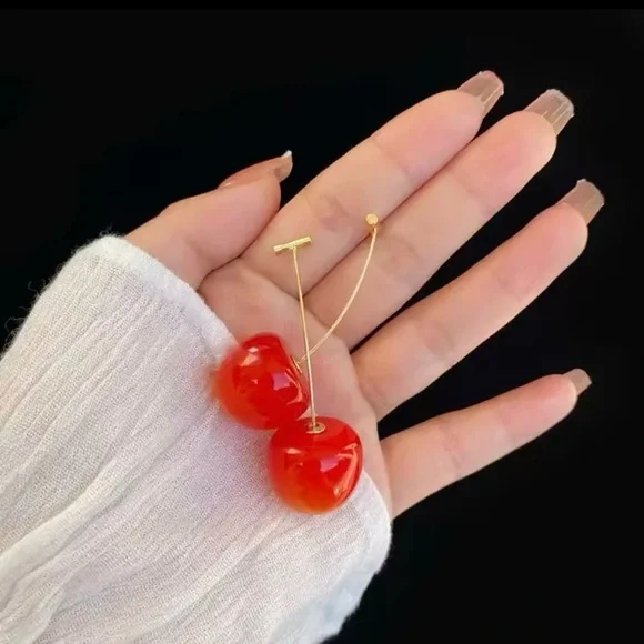 Red Cherry Drop Earrings Cute Acrylic Fruit Earrings Summer Spring Fashion - Picture 2 of 3